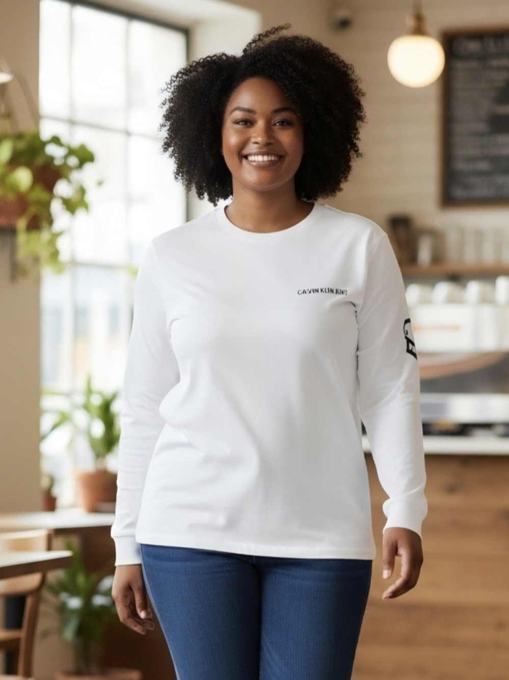 Calvin Klein Comfy Womens L White Long-Sleeve Logo Tee 100% Cotton NWT